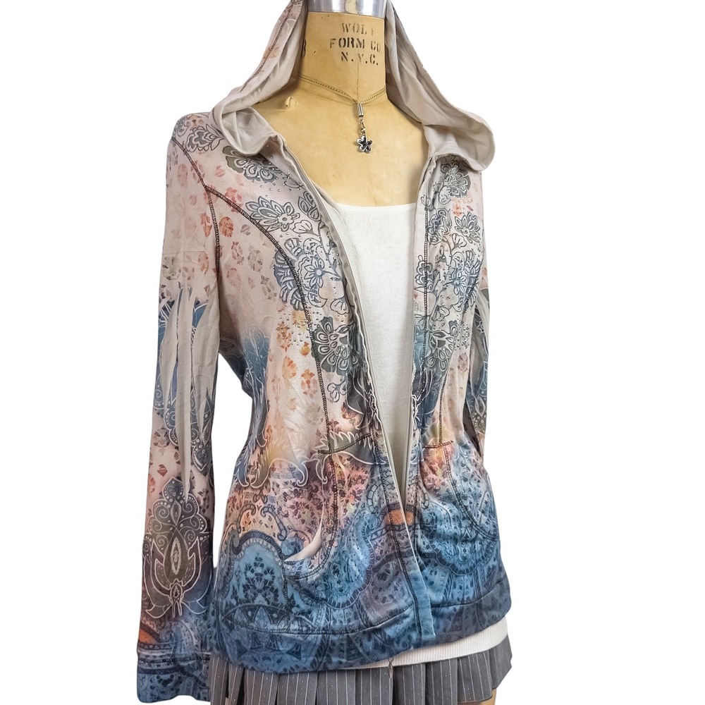 2000s McBling Rhinestone Zip Up Hoodie Fairy Grunge Paisley Ombre Size L Y2K - Picture 2 of 10